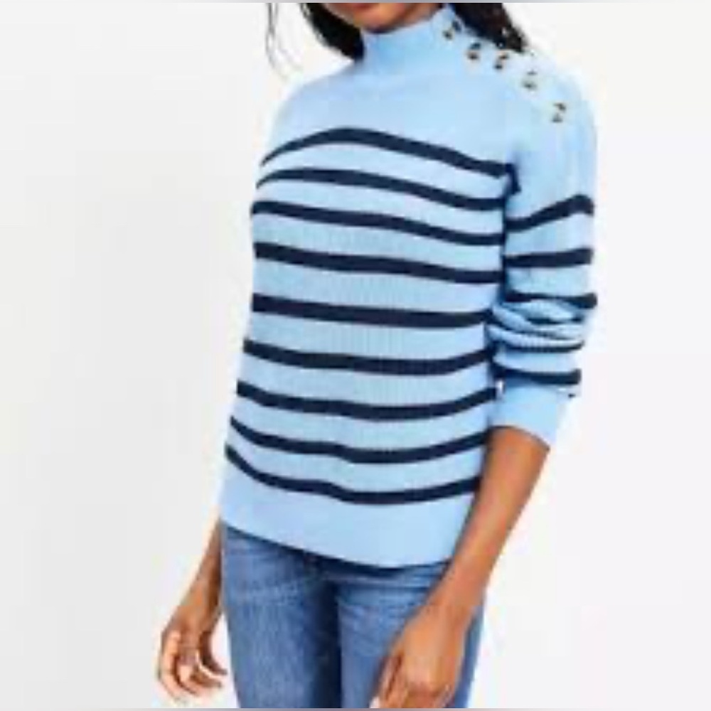 Chunky Blue & Navy Striped Oversized Knit Sweater Button-up Mock Neck Collar XS